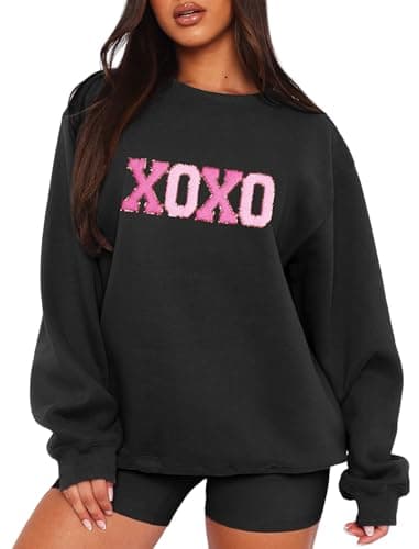 MAPICK Women Valentine's Day Crewneck Sweatshirt Letter Printed Chenille Patch Sweaters Oversized Long Sleeve Clothes(Black,XX-Large) - Image 1