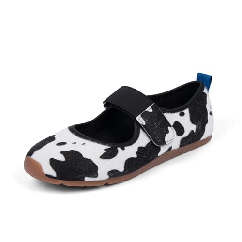 VIUGJNEX Cow Print Mary Jane Sneakers for Women Tennis Shoes Ballet Flats Lightweight Casual Slip-On Shoes Size 6 - Image 1