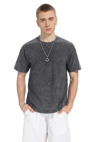 NITAGUT Men's Oversized Cotton T-Shirts Vintage Unisex Short Sleeves Loose Streetwear Casual Wash Solid Basic Tops Tee, Black, Large - Thumbnail 2