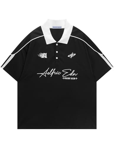 Aelfric Eden Mens Oversized Polo Tee Button Collar Vintage Letter Graphic Patchwork T Shirts Short Sleeve Summer Tops Black