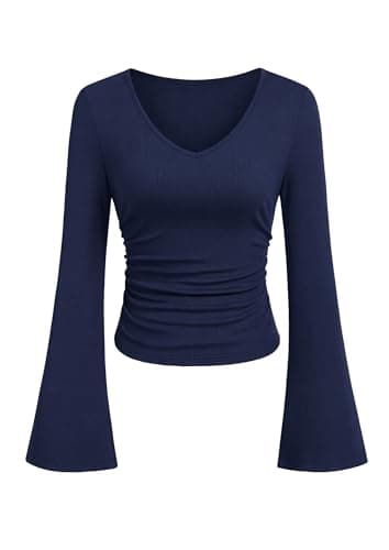 PRETTYGARDEN Women 2026 Fall Long Bell Sleeve Shirts Ribbed V Neck Fitted Ruched Trendy Y2K Going Out Tee Tops Summer Clothes (Navy Blue,Medium) - Image 1