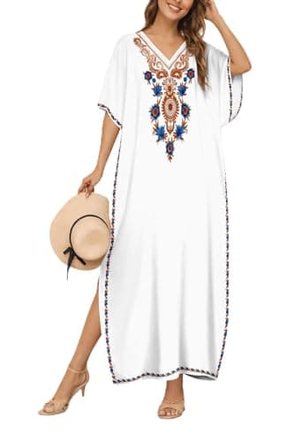 ZIRHYSTA Kaftan Dresses for Women, V Neck Short Sleeve Beach Vacation Bikini Swimsuit Cover Ups Caftan Summer Swimwear (White) - Image 1