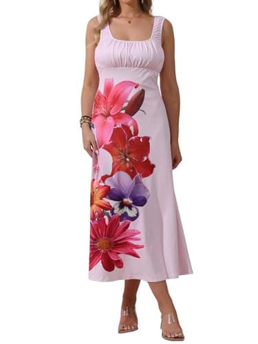 YUNDAI Womens Floral Maxi Dress Sleeveless Empire Waist Casual Summer Long Dress Pink - Image 1