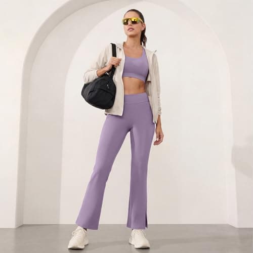 Women's High Waist Full-Length Flare Leggings with Side Slit - Tummy Control Butt Lifting Gym Yoga Pants (Purple, Large) - Thumbnail 3
