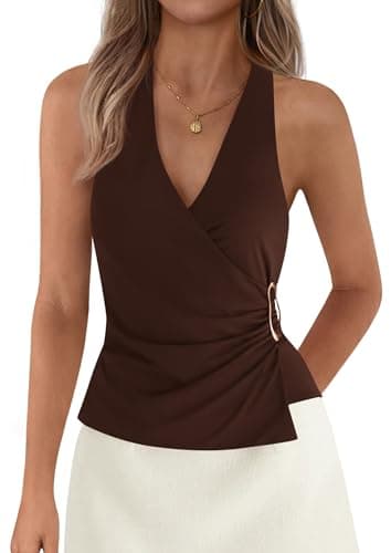 PRETTYGARDEN Womens Halter Top 2026 Spring Tie Wrap Sleeveless Ruched V Neck Fitted Summer Tops Backless Fashion Y2k Clothes (Brown,Medium)