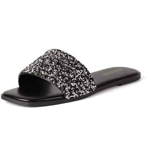 SKETOE Womens Sparkly Rhinestone Sandals Square Open Toe Sandal Slip on Summer Flat Sandals for Beach Wedding Holiday Shopping - Image 1