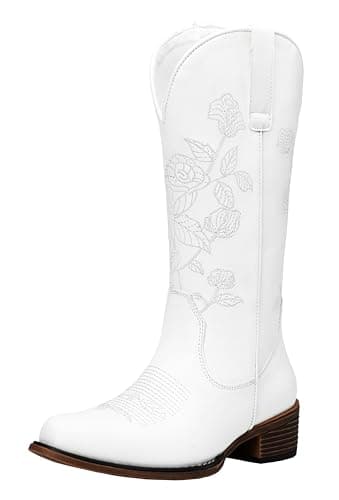 Jeossy Women's White Western Cowboy Boots Mid Calf Embroidery Flower Cowgirl Boots with Low Heel Side Zipper 9807 Comfy Round Toe Country Music Festival Music Rodeo, Size 10(DJY9807 White 10) - Image 1