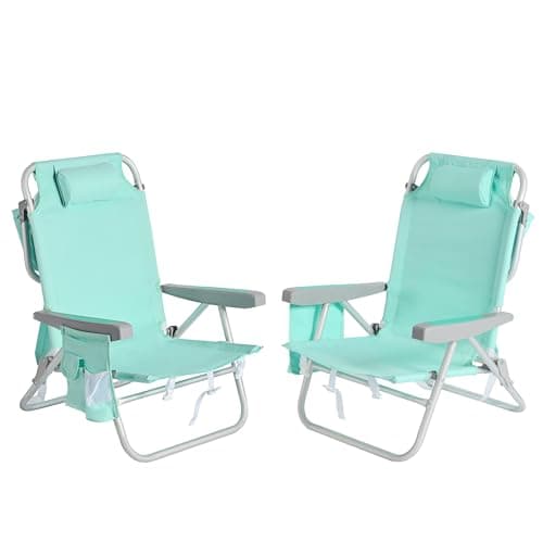 SUNNYFEEL Beach Chairs for Adults 2 Pack 5 Position Lay Flat, Portable Folding Backpack Beach Chair Heavy Duty with Cooler Bag, Cup Holder for Outdoor/Lawn/Picnic/Sand, Foldable Camping Chair