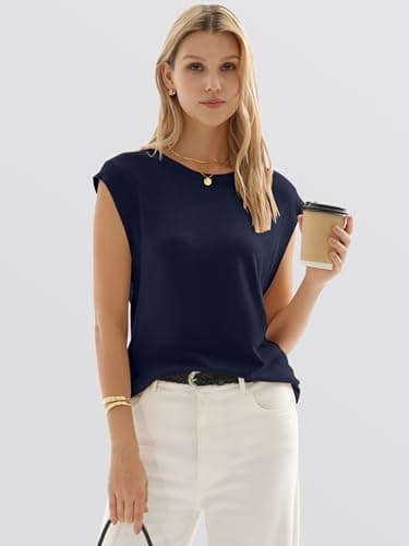 ANRABESS Women's Sweater Vest 2026 Summer Crew Neck Cap Sleeve Tank Tops Business Casual Lightweight Pullover Sweaters Shirts Navy Blue-L - Thumbnail 3
