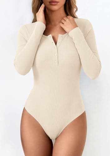 PRETTYGARDEN Long Sleeve Bodysuits for Women 2026 Ribbed Knit Henley Button Up Slim Fitted Basic Tops Winter Fashion Clothing (Beige,X-Large) - Thumbnail 5