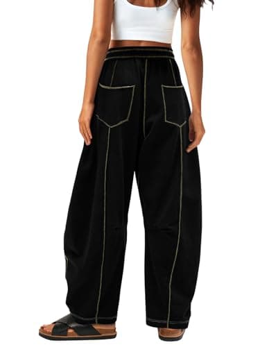 Dokuritu Barrel Sweatpants Women Casual Elastic Waist Wide Leg Sweatpants Drawstring Lounge Baggy Pants with Pockets Black - Thumbnail 2