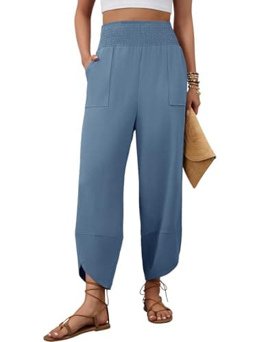 grewley Linen Pants Womens Wide Leg Palazzo Capri Pants for Women Barrel Harem High Waist Lounge Trousers Lake Blue XL - Image 1