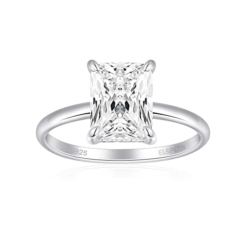 Elspeth 3CT Radiant Cut Engagement Ring 925 Sterling Silver Cubic Zirconia Hidden Halo Solitaire for Women Wedding Promise Ring Size 6.5 - Image 1