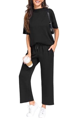PrinStory Womens Lounge Set Summer 2 Piece Outfits Pullover Top and Wide Leg Pants Matching Sets 2026 Black-L - Thumbnail 2
