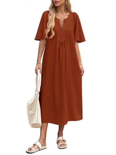 Wenrine Womens Flutter Short Sleeve Maxi Dress Casual V Neck Side Slit Pleated Loose Flowy Long Summer Dresses Brick Red - Image 1
