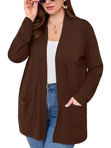 AusLook Women's Plus Size Lightweight Open Front Cardigan Dark Coffee 4X Causal Long Sleeve Cover Ups Shrugs Tops Shawls and Wraps Kimono Jacket Coat - Image 1