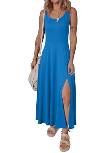 Acelitt Summer Dresses for Women 2025 Casual Crew Neck Sleeveless Sundresses Beach Vacation Clothes with Pockets Blue Medium - Thumbnail 4