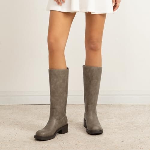 Athlefit Knee High Boots for Women Chunky Heel Tall Riding Boots Square Toe Fashion Womens Winter Booties Taupe Size 9.5 - Thumbnail 3