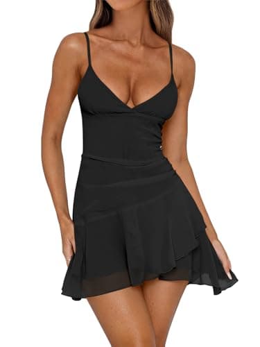 Caracilia Womens Cocktail Dresses Sleeveless V Neck Mesh Ruched Bodycon 2026 Sexy Summer Going Out Club Mini Short Dress Black Small - Image 1