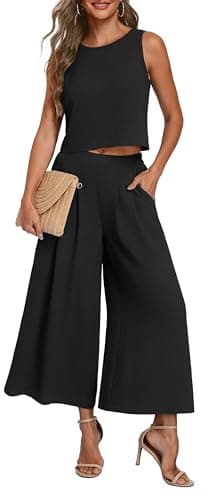 Lepunuo 2 Piece Sets for Women Summer Outfits Sleeveless Crop Top Flowy Wide Leg PantsVacation Lounge Travel Matching Set - Image 1