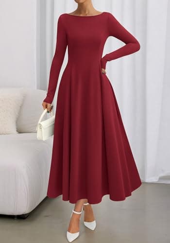BTFBM Spring Dresses for Women 2026 Trendy Boat Neck Long Sleeve A Line Flowy Knit Loose Casual Elegant Party Maxi Dress(Burgundy, XX-Large) - Thumbnail 3