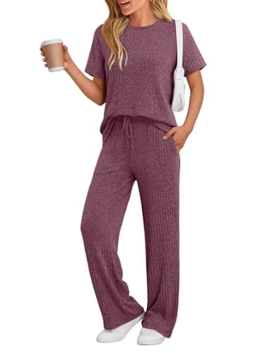 LILLUSORY Lounge Sets for Women 2 Piece Matching Summer Travel Outfits Spring Sets Cute Casual Pajamas 2026 Airport Clothes WineRed M - Image 1