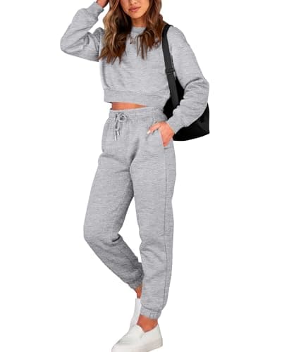 BTFBM Women 2 Piece Outfits Long Sleeve Crop Top Pullover Drawstring Pant Jogger Set Casual Sweatsuits Tracksuit Pockets(Grey, Small) - Image 1