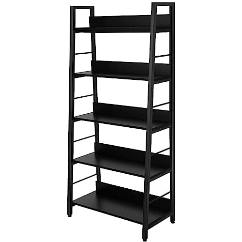BATHWA 5 Tier Book Shelf, Industrial Bookcase and Storage Rack Accent Ladder Bookshelf, Black Wooden 28'' Wide 59''Tall Shelves Ladder Shelf for Living Room, Bedroom, Home Office - Image 1