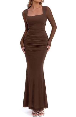 BTFBM Women's Maxi Dresses Fall 2026 Long Sleeve Ruched Bodycon Dress Square Neck Cocktail Party Wedding Guest Dresses(Coffee,Medium) - Image 1