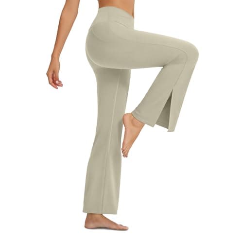 AMLEER Women's V Waist Side Split Wide Leg Yoga Leggings - High Waisted Crossover Stretchy Workout Flare Yoga Pants（Nude Apricot, 3X-Large - Thumbnail 2