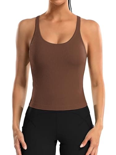 ATTRACO Longline Sports Bra for Women Ribbed Athletic Gym Tank Tops Tight Fit Brown S - Image 1