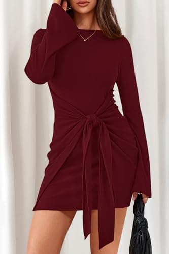 dowerme Women's Casual Mini Dress 2026 Bell Long Sleeve Boat Neck Tie Waist Bodycon Dresses Knitted Party Fall Outfits(Burgundy,X-Large) - Thumbnail 4