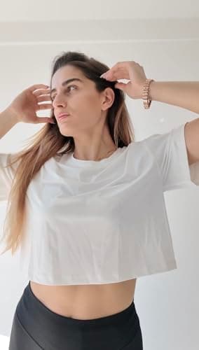 Stelle Womens Workout Crop Top Loose Short Sleeve Shirt Breathable Quick Dry UPF 50+ Oversized Boxy Tee for Running Athletic White X-Large - Thumbnail 3