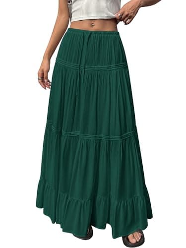 BTFBM Spring Skirts for Women 2026 Summer Boho Beach Vacation Clothes Casual Pleated High Waisted Flowy Maxi Skirt(Green, Large) - Thumbnail 3