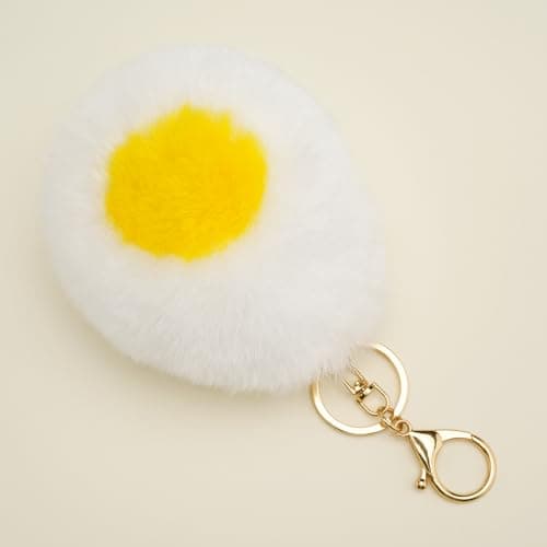 Stelle Egg Keychain Food Pom Pom Bag Charms Fluffy Cute Keychains Purse Backpack Accessories Gifts for Girls/Women(Hard Boil) - Thumbnail 2