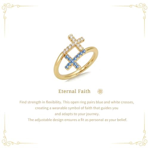 Helirose Adjustable Double Cross Ring for Women, 14K Gold Plated CZ Open Band, Non Tarnish Dainty Fashion Jewelry, Stackable Statement Ring, Valentines Day Gift for Her (Blue-White) - Thumbnail 4
