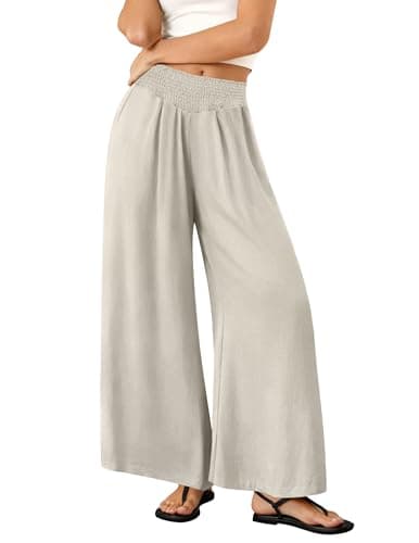 LOOKBOHO Women's Bootcut Palazzo Pants Summer Wide Leg High Waist Travel Flowy Casual Smock Solid Loose Slacks Trouser with Pockets Apricot X-Large