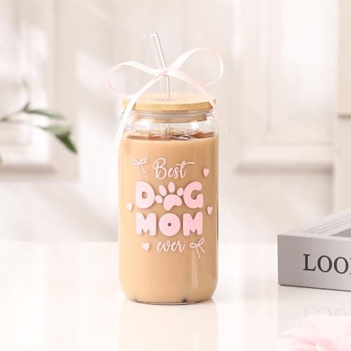LANGASQUE Dog Mom Gift for Women, 16oz Glass Cup with Lids Straws Pink Bow Gift Box, Christmas Dog Lover Gifts, Dog Mom Gift for Birthday Mothers Day - Thumbnail 4