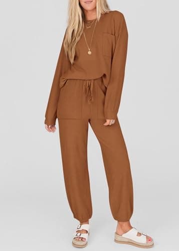 KIRUNDO Lounge Sets for Women 2026 Fall Airport Travel Outfits Ribbed Knit Tops Jogger Pants Tracksuit Postpartum Comfy Set(Dark Khaki, Medium) - Thumbnail 2