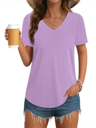 GKBK Women Cotton Shirts V Neck Loose Fit T Shirts Short Sleeve Summer Curved Hem Plain Tee Top Purple M - Image 1
