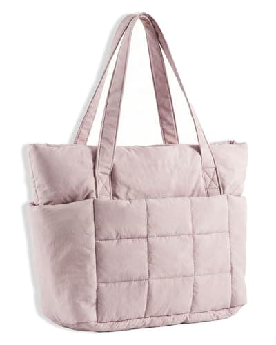 U+U Puffer Tote Bag for Women, Quilted Work Tote with 16" Laptop Sleeve, Luggage Sleeve & Yoga Mat Strap for Travel Gym School,Pink - Image 1