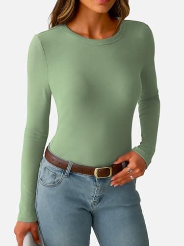 GKBK Womens Long Sleeve Ribbed Tops Fitted Stretch Casual Crewneck Basic Tee Shirts Tight Layering 2026 Fall Fashion Outfits Light Green - Thumbnail 2