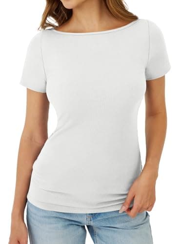 GKBK Boat Neck Tops for Women Ribbed Short Sleeve T-Shirts Slim Fitted Tight Compression Top Soft Y2K Basic Casual Going Out Tops for Spring Summer 2026 Trendy Fashion Outfits White - Thumbnail 2