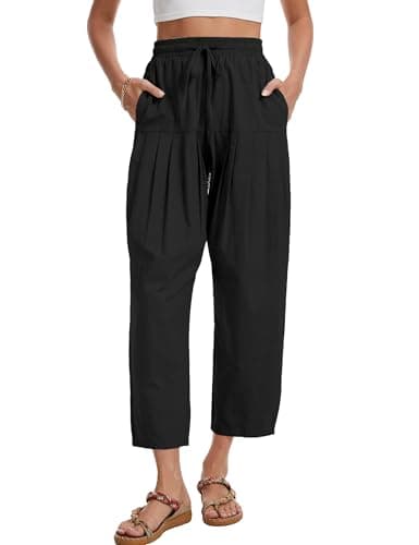 DAOAO Cotton Linen Barrel Pants Women Wide Leg Hippie Boho Casual Loose Harem Pants Pleated Pull On Elastic Waist Black S - Thumbnail 2