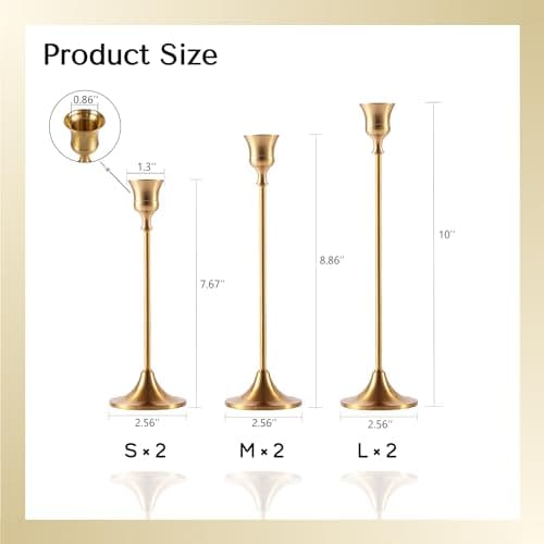 MENONEE Brass Gold Candlestick Holders Set of 6, Taper Candle Holder for Candlesticks, Antique Vintage Candle Stick Candle Holders for Table Centerpieces Mantel Wedding Home Christmas Decorations - Thumbnail 2