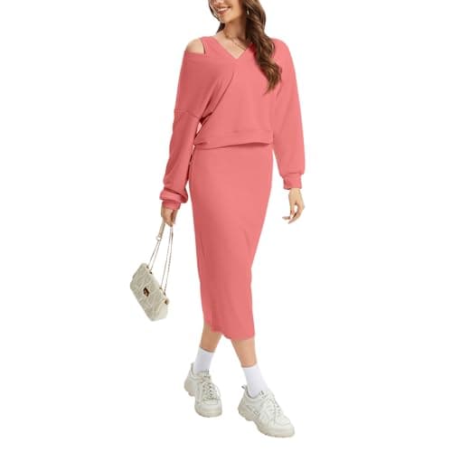 Anyshe Women's 2 Piece Matching Knit Sweater Set, Long Sleeve V-Neck Top with Maxi Skirt, Effortless Style for Vacation - Image 1