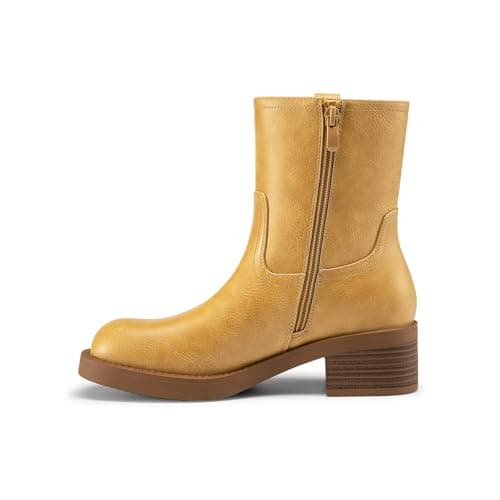 Athlefit Ankle Boots for Women Low Heel Square Toe Chunky Block Heel Fashion Short Banana Boots with Side Zipper Yellow Size 8.5 - Thumbnail 3