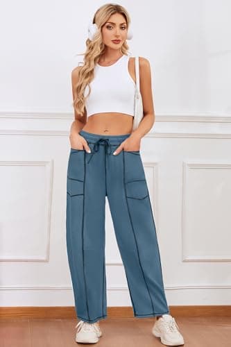 BEINF Barrel Sweatpants Women Elastic Waisted Casual Baggy Sweatpants Drawstring Wide Leg Lounge Pants with Pockets Blue L - Thumbnail 3
