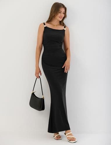 ZAFUL Black Formal Dresses for Women's Sexy Wedding Guest Dress Sleeveless Cocktail Floral Mesh Ruched Bodycon Maxi Party Long Dresses Sexy - Thumbnail 5