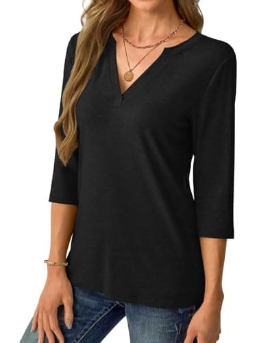 Womens Tops 3/4 Sleeve V Neck Spring Summer Work Tunic Shirts Business Dressy Casual Blouses A- Black - Thumbnail 4
